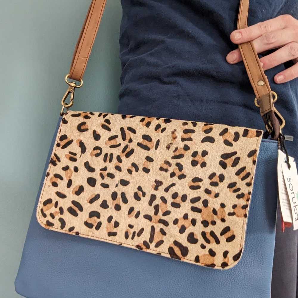Soruka envelope crossbody purse blue & brown leather with animal print calf hair